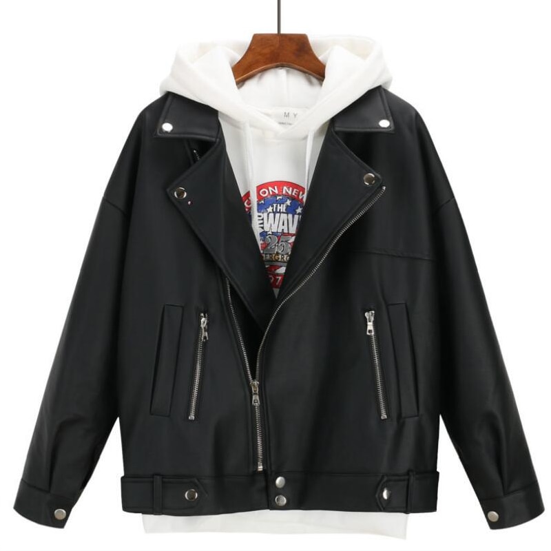 2023 New Arrival Women Autumn Winter Leather Jacket Oversized Boyfriend Korean Style Female Faux Coat Outwear Black