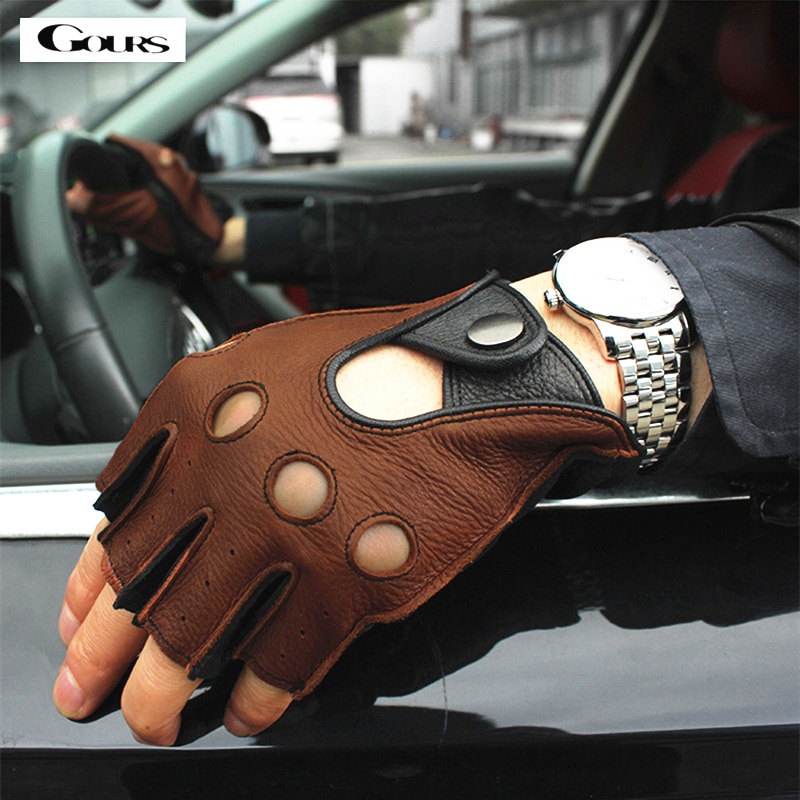 Gours Spring Men's Genuine Leather Gloves Driving Unlined 100% Deerskin Half Fingerless Gloves Fingerless Fitness Gloves GSM046L