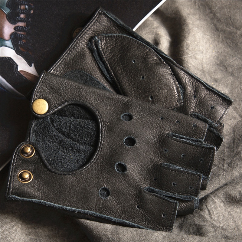 Gours Winter Mens Genuine Leather Fingerless Gloves Black Half-Finger gym Workout Fitness Driving Cowhide Gloves GSM046