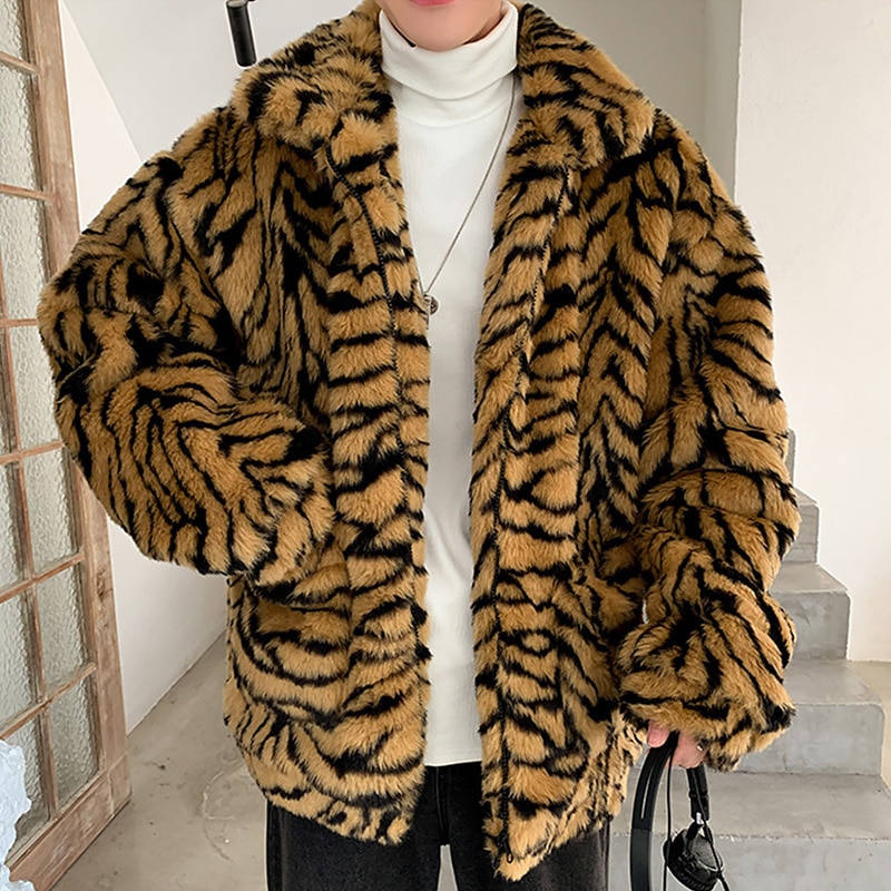 Men Tiger Pattern Fleece Fur Fluffy Coat Jacket Jumper Outwear Oversized Warm Outwear Jackets Man Tiger Grain Imitate Fur