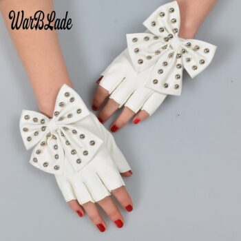 WarBLade Fashion Fingerless Gloves Women's PU Leather Gloves Ladies Luvas Dancing Party Show Big Bow Rivet Half finger Mittens