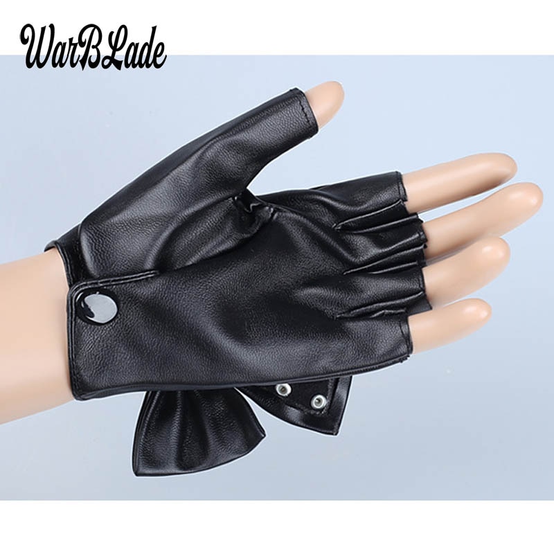 WarBLade Fashion Fingerless Gloves Women's PU Leather Gloves Ladies Luvas Dancing Party Show Big Bow Rivet Half finger Mittens
