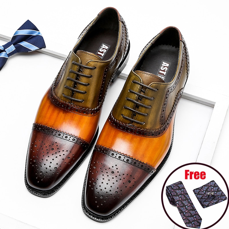 Phenkang Men Genuine Wingtip Leather Oxford Shoes Pointed Toe Laces Up Oxfords Dress Brogues Wedding Business Platform Shoes