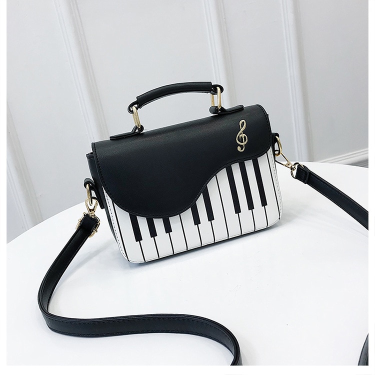 Music Topic Piano Keyboard Musical Instruments PU Leather Bag Hand Bag Shopping Bag With Strap Metal Zipper Hook
